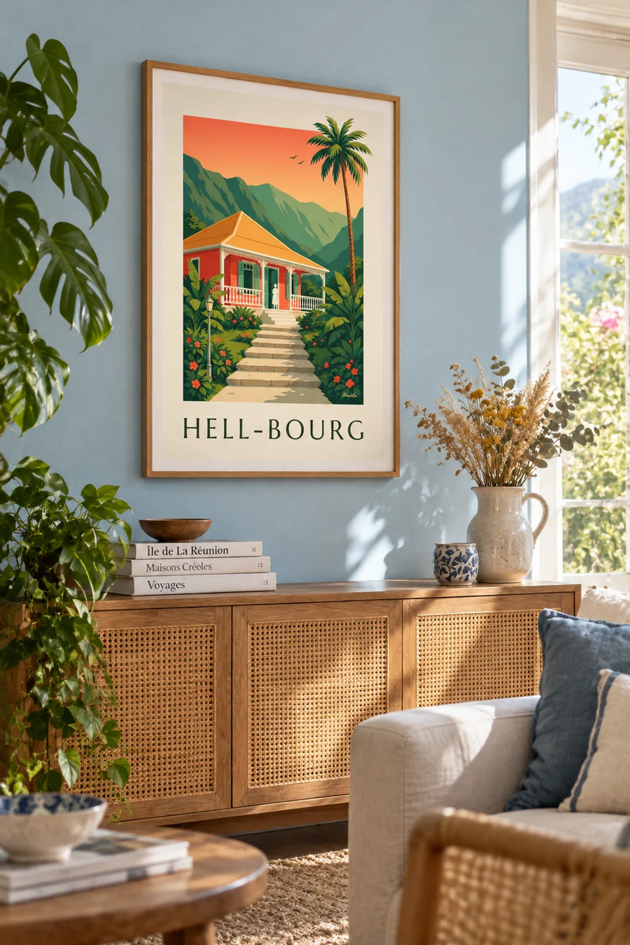 Poster casa creola con decorazioni a lambrecchini di Hell-Bourg, isola della Réunion: incorniciato al muro