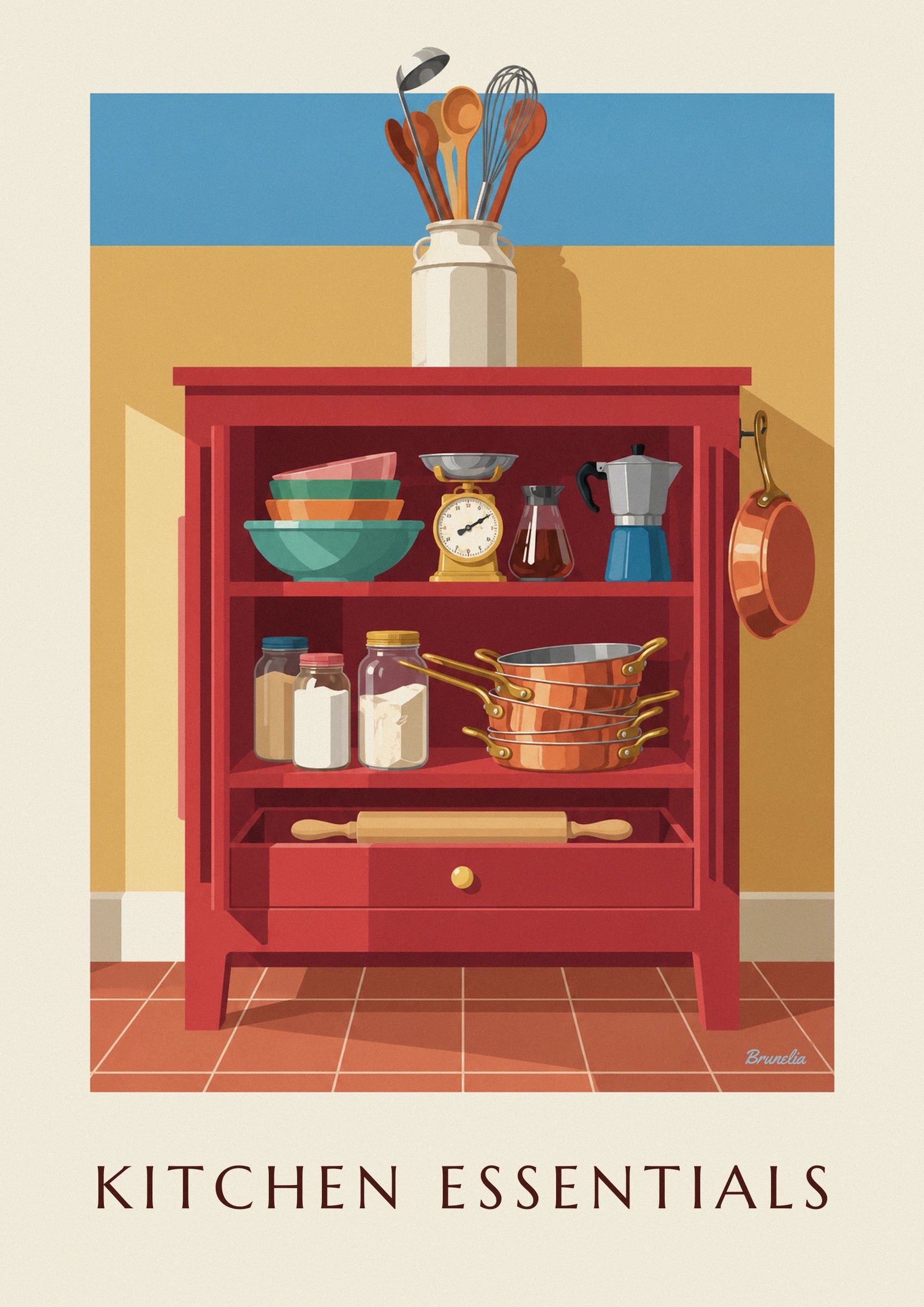 Le pentole di rame, le ciotole colorate e la bilancia gialla nella credenza rossa della cucina