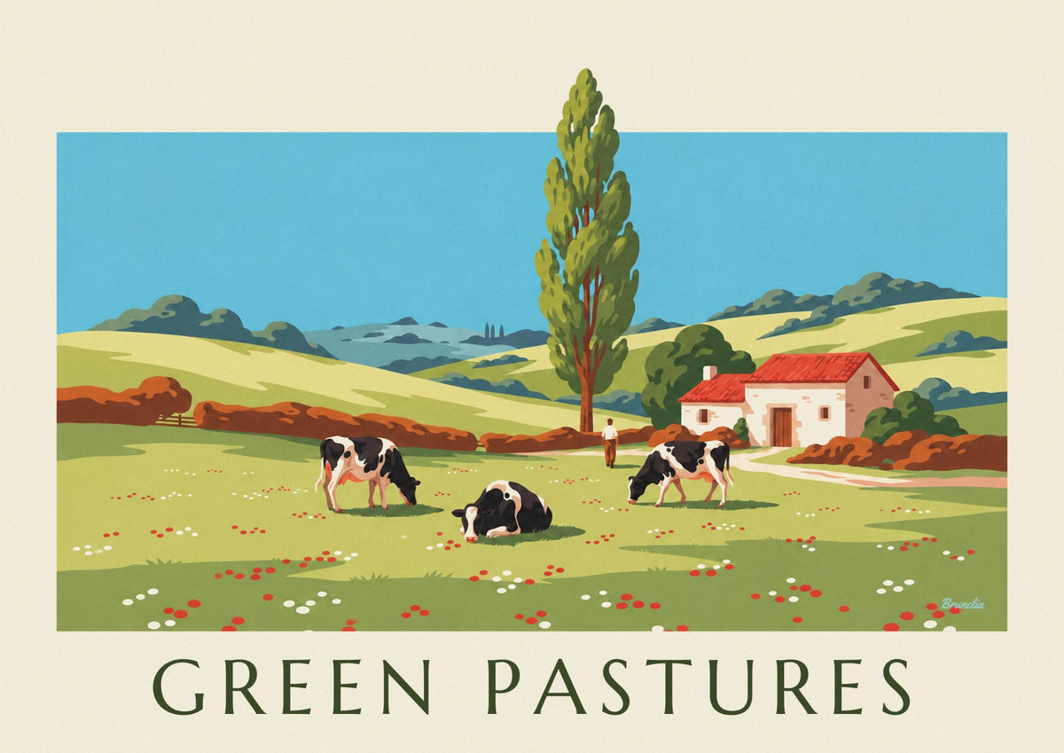 Affiche vaches en liberté dans la campagne vallonnée