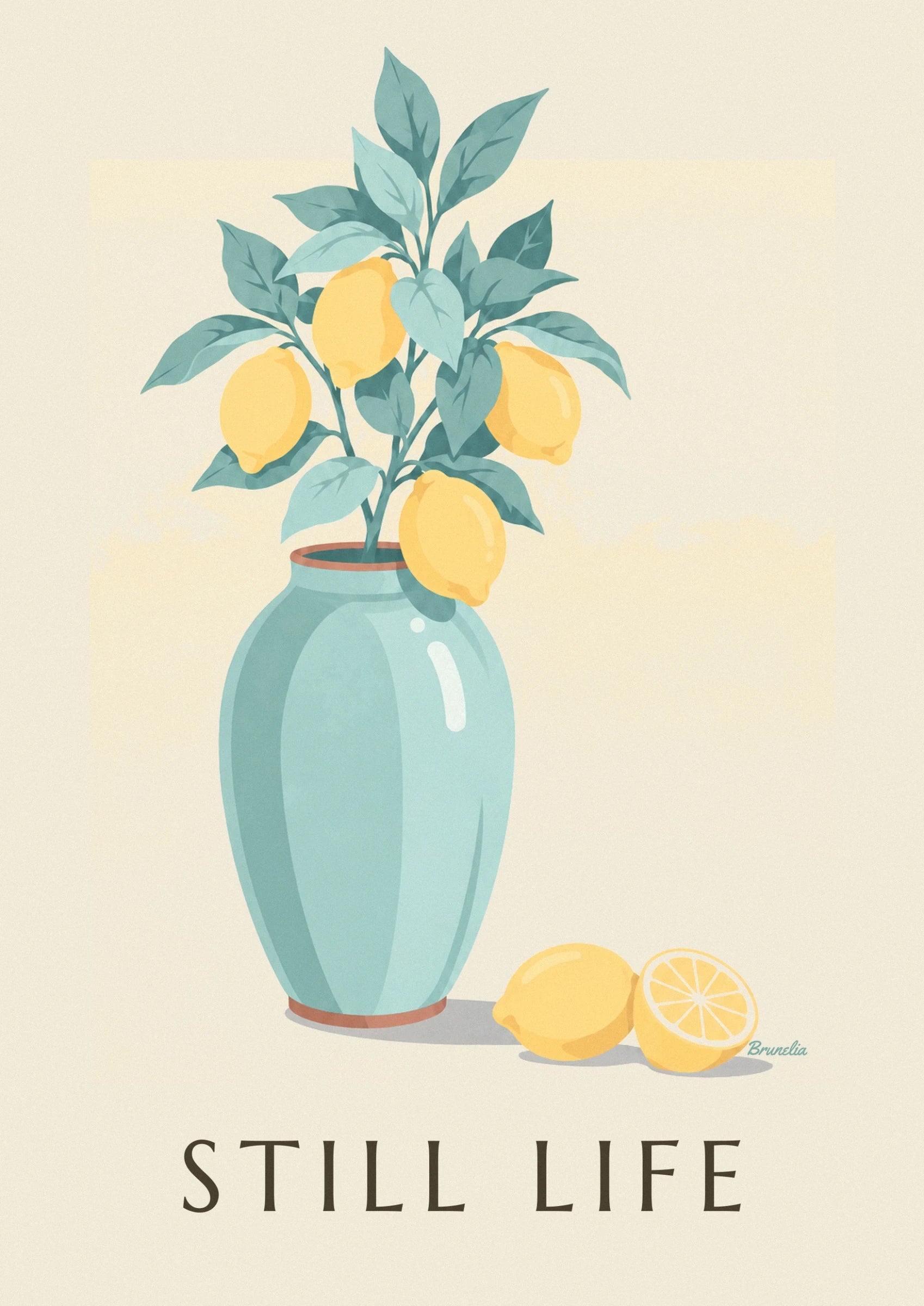 Un ramo con 4 limoni gialli e foglie verdi in un vaso di ceramica