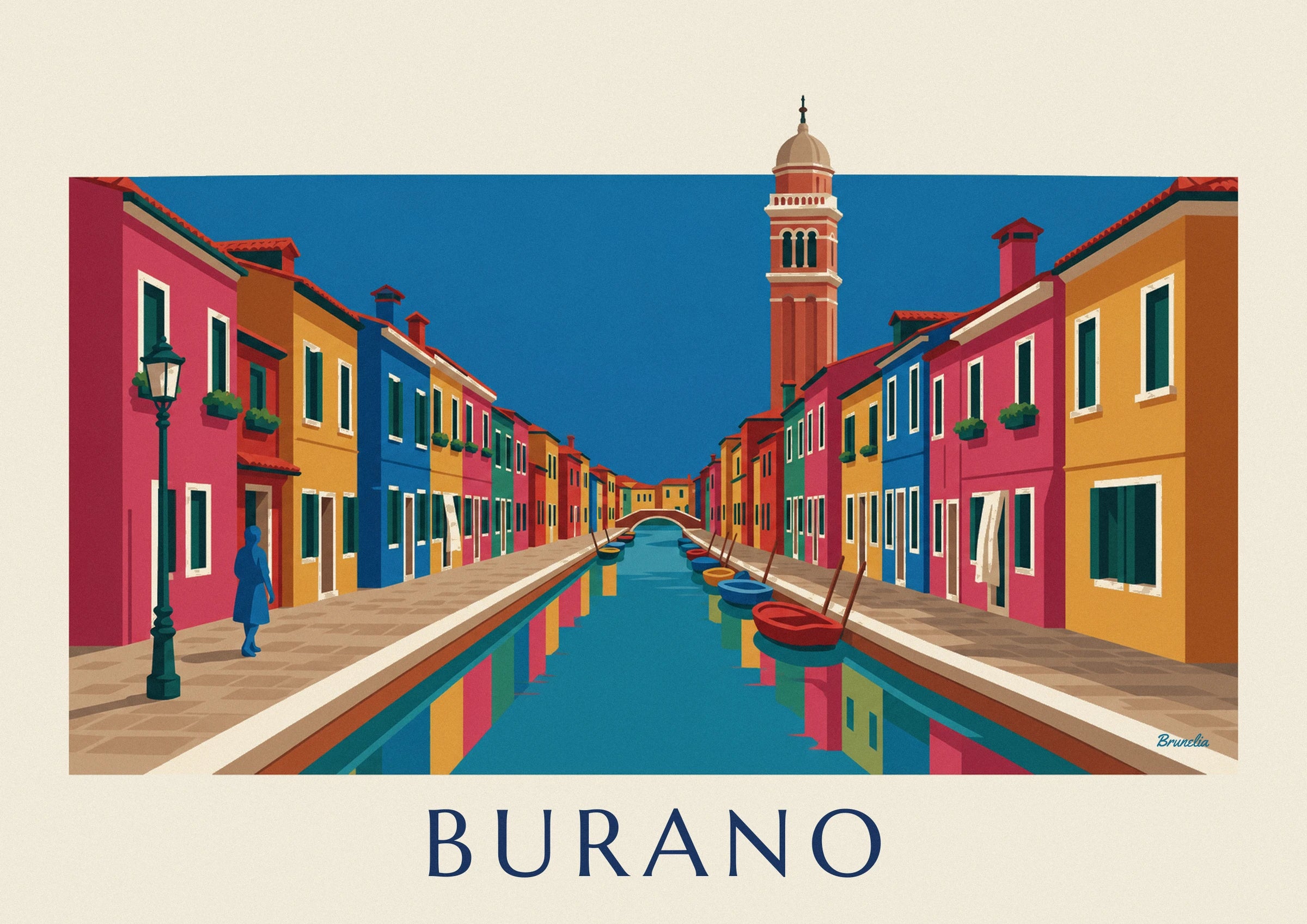 Poster canale e case colorate di Burano, campanile pendente: dettaglio in primo piano