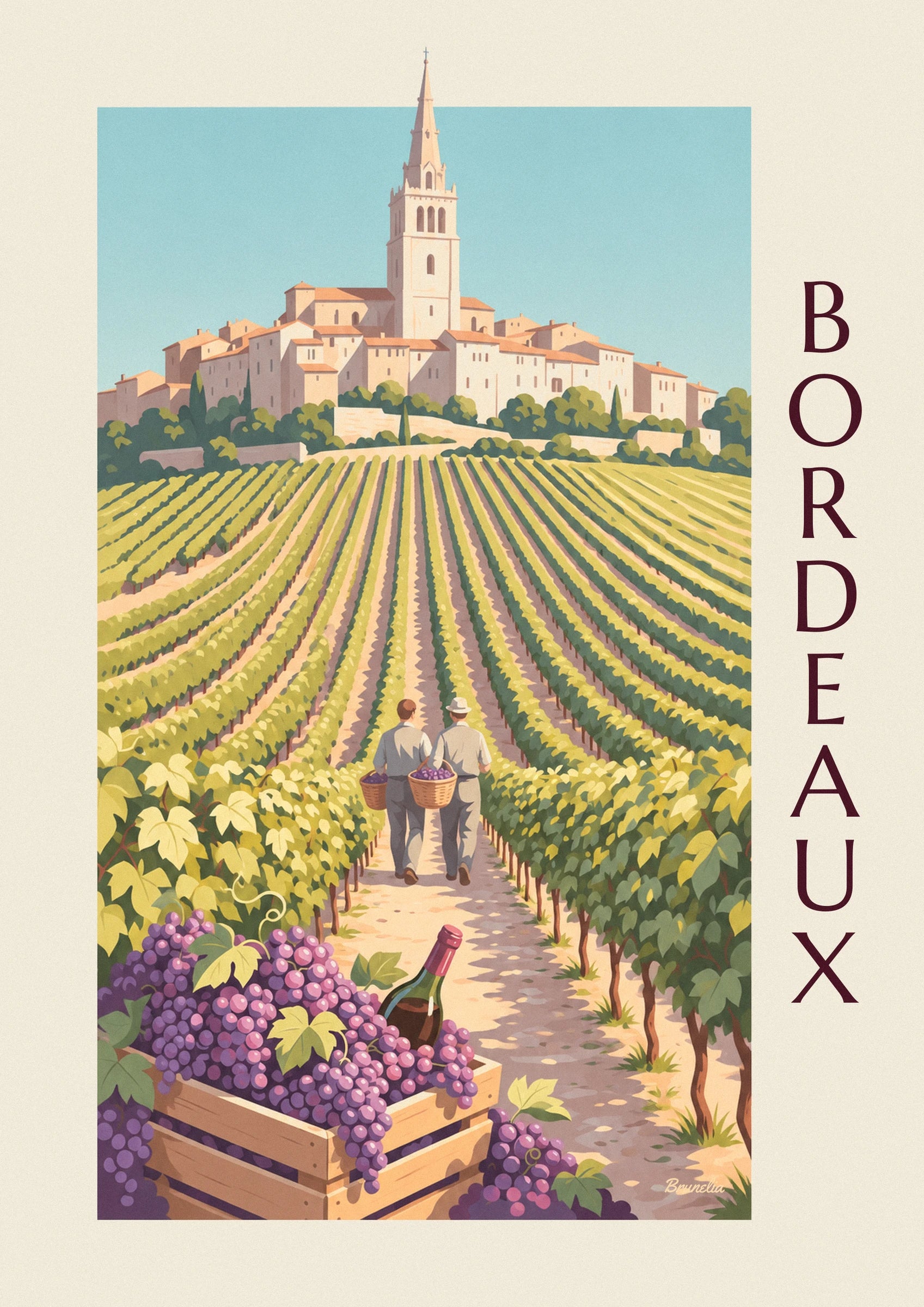 Poster vendemmia a Saint-Émilion, cassa d'uva e vigne dorate: dettaglio in primo piano