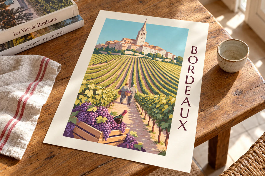 Poster della vendemmia a Saint-Émilion, cassetta d'uva e vigne dorate: appoggiato su un tavolo