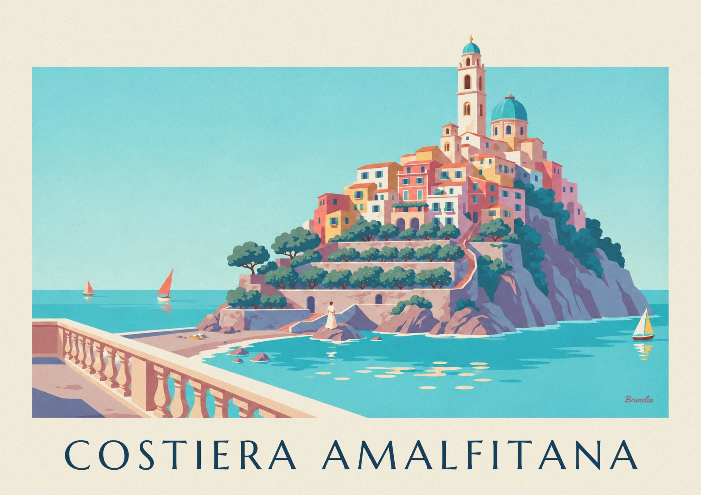 Il campanile e la cupola turchese sopra le case colorate della Costiera Amalfitana