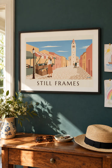 Young woman and vinyl records at a village flea market poster: framed on the wall