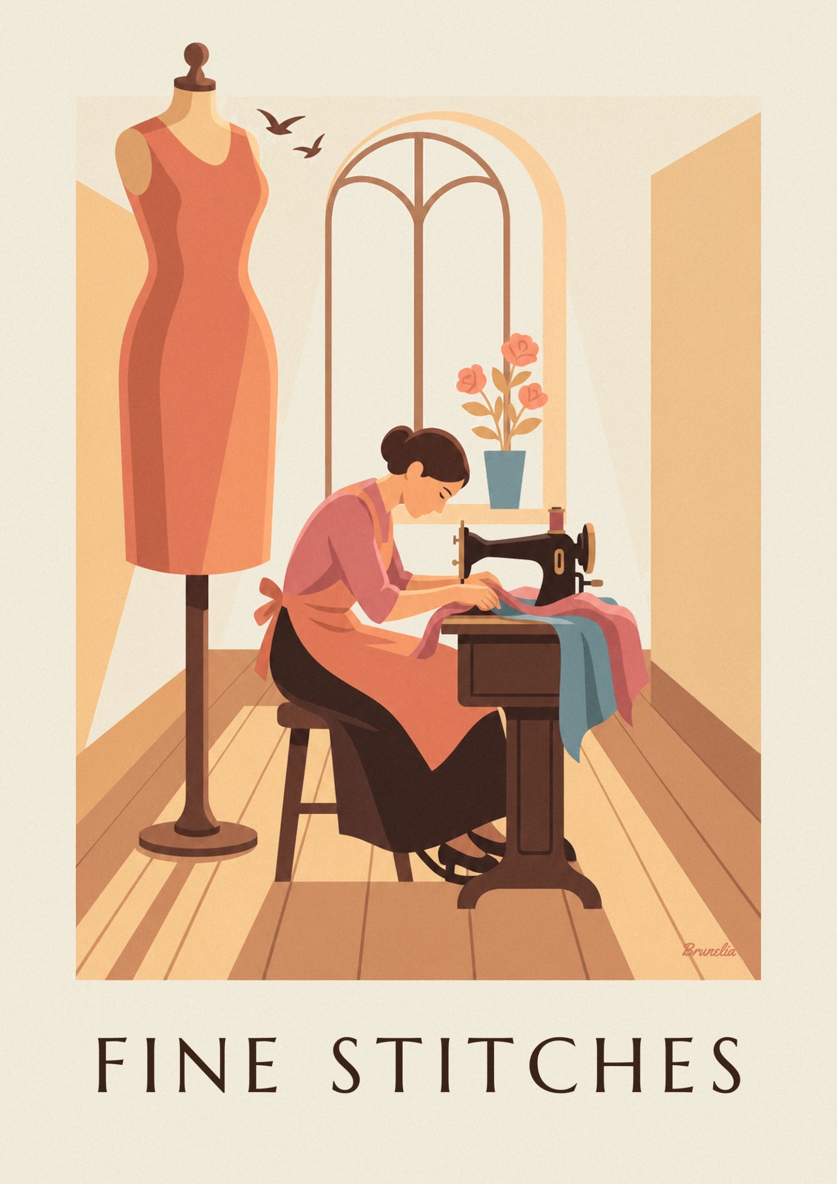 The dressmaker in an orange apron at her black sewing machine, with fabrics on the table