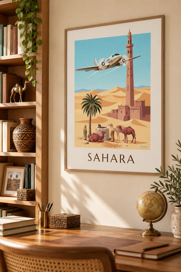 Poster aereo trimotore che sorvola un'oasi e le dune del Sahara : incorniciato alla parete