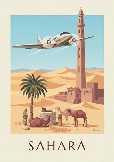 Affiche avion trimoteur survolant une oasis et les dunes du Sahara : l'affiche entière