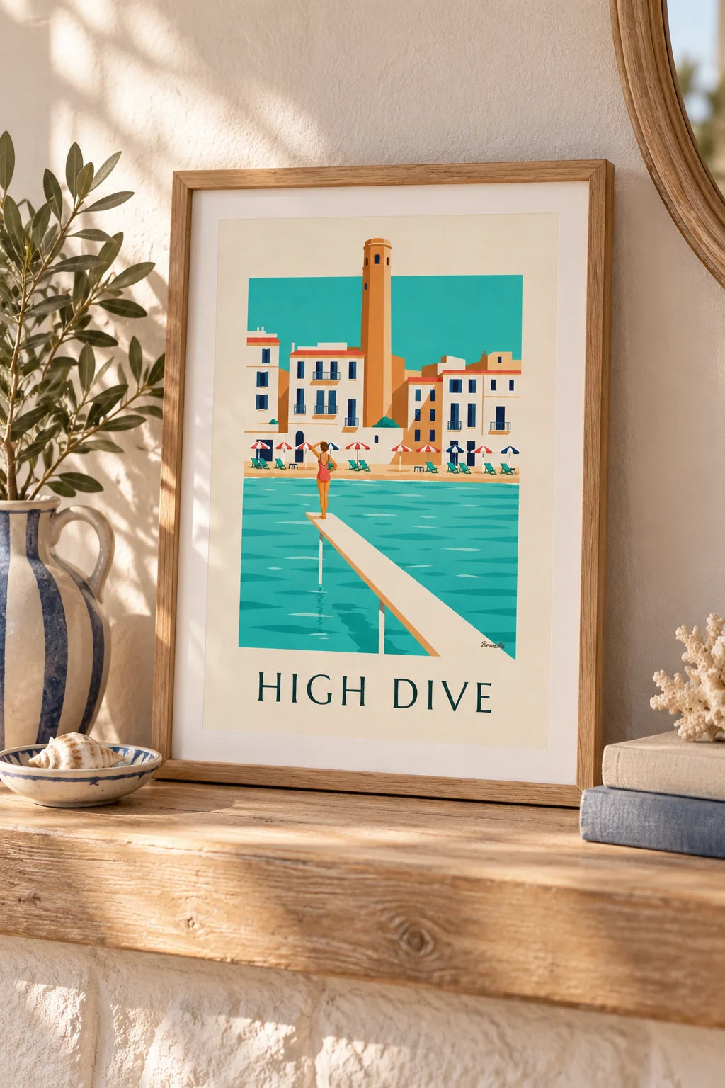 Bathroom: Swimmer on a wooden seaside diving board poster on the wall