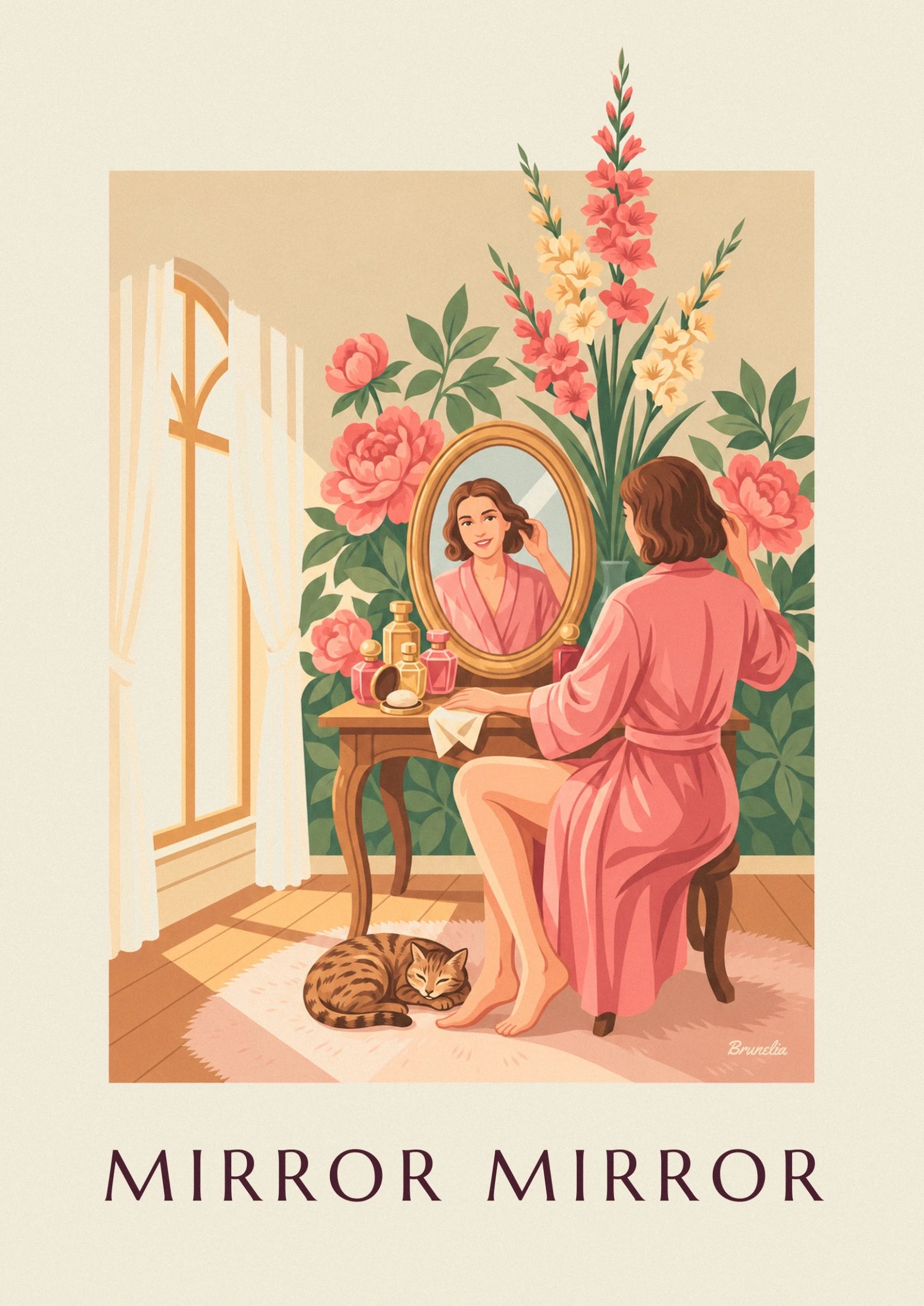Il riflesso di una donna in vestaglia rosa in uno specchio dorato tra i flaconi