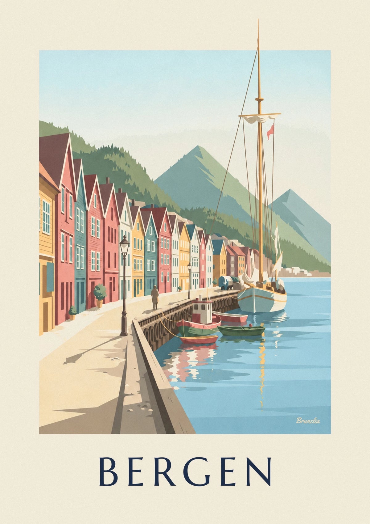 Affiche maisons hanséatiques de Bryggen sur le fjord de Bergen
