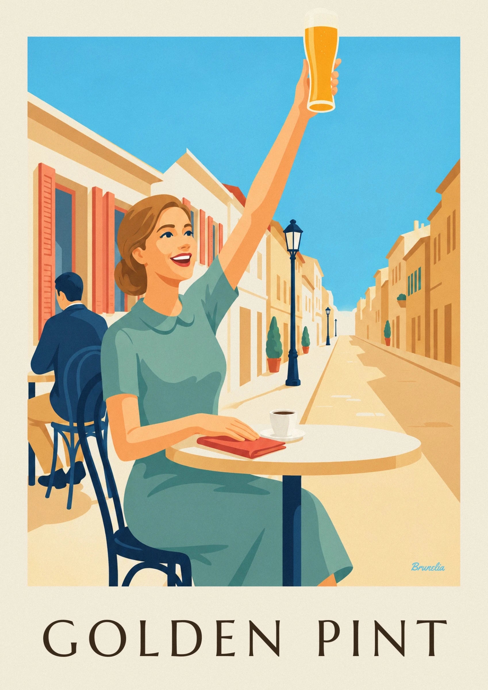 Una donna sorridente con un vestito verde e un braccio alzato davanti alle facciate colorate