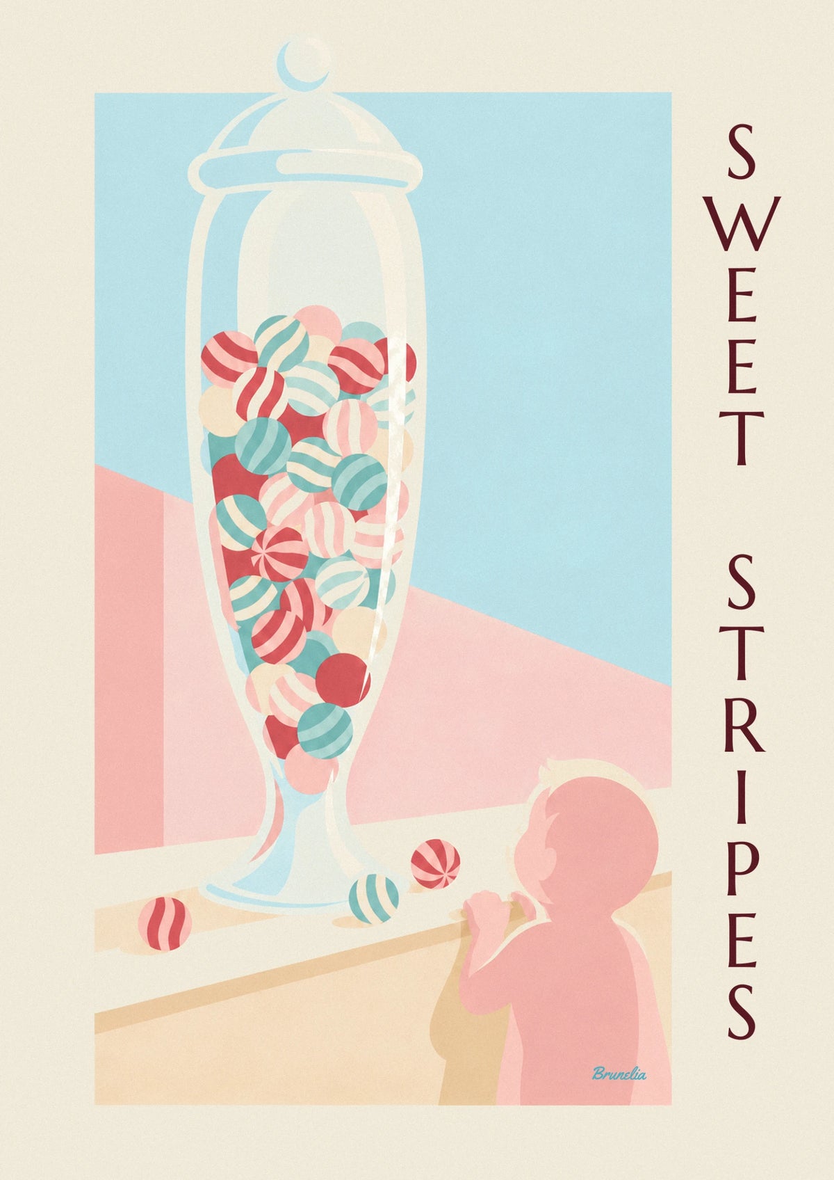 Glass jar of striped candies on a counter poster