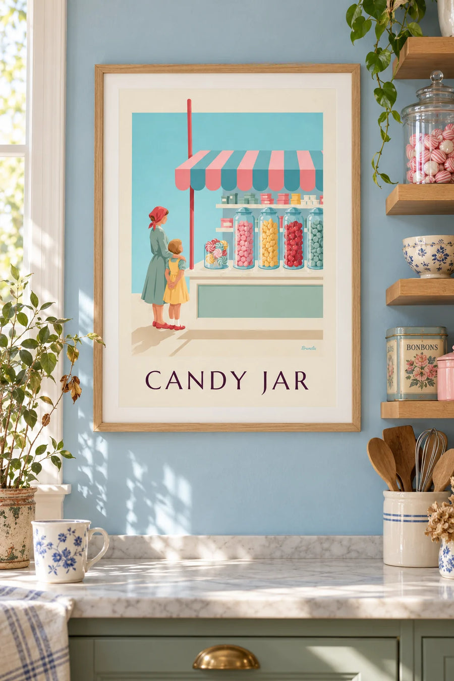Affiche sucettes et bocaux de bonbons dans une confiserie : encadrée au mur