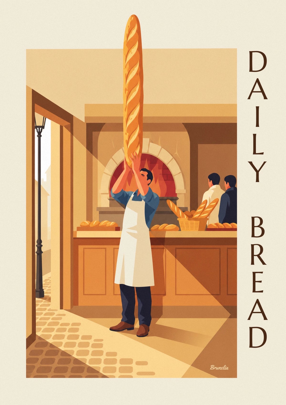 Baker with golden loaves before the oven poster