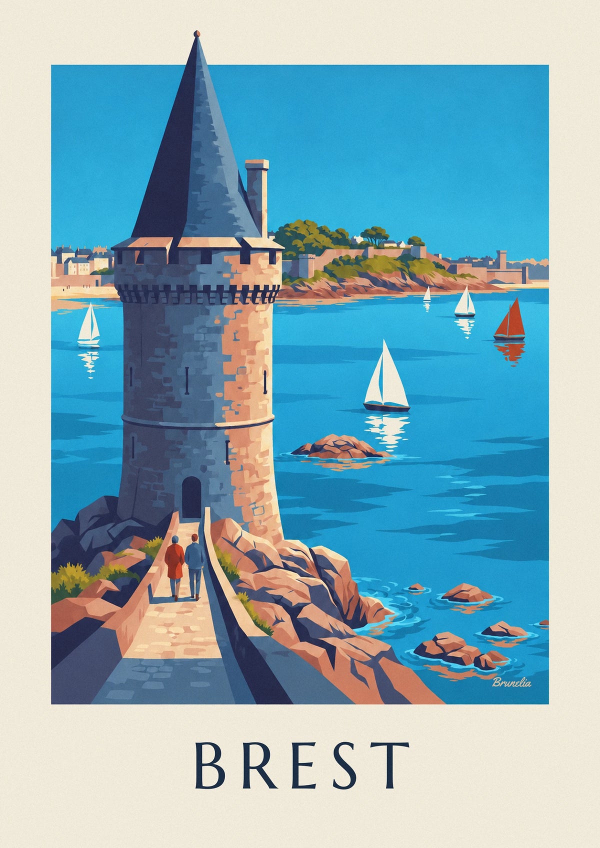 Affiche Tour Tanguy et voiliers sur la Penfeld à Brest