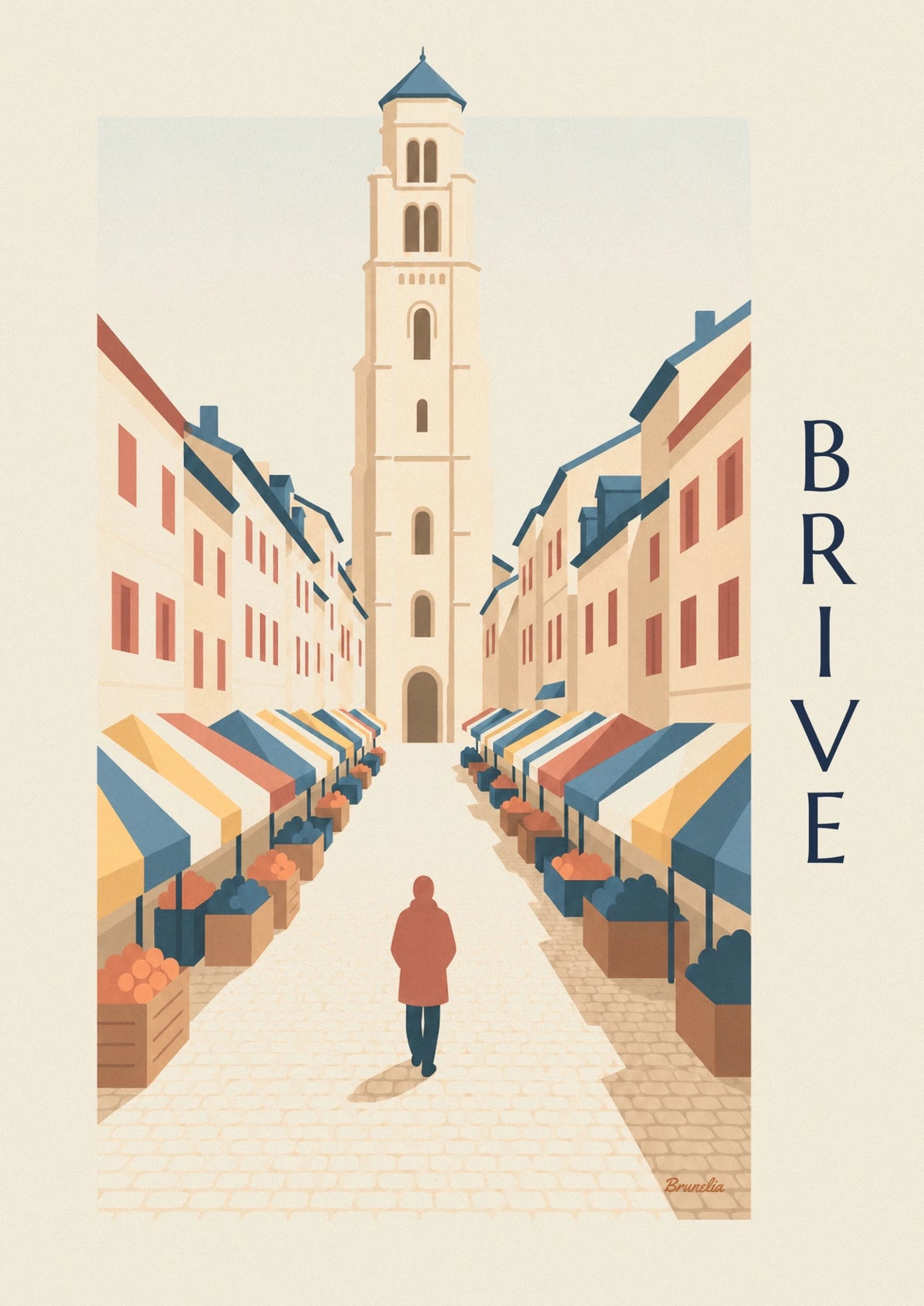 Brive-la-Gaillarde cobbled market street and bell tower poster