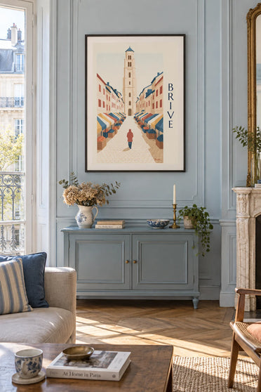 Poster of a street with colorful umbrellas in Brive-la-Gaillarde: framed on the wall