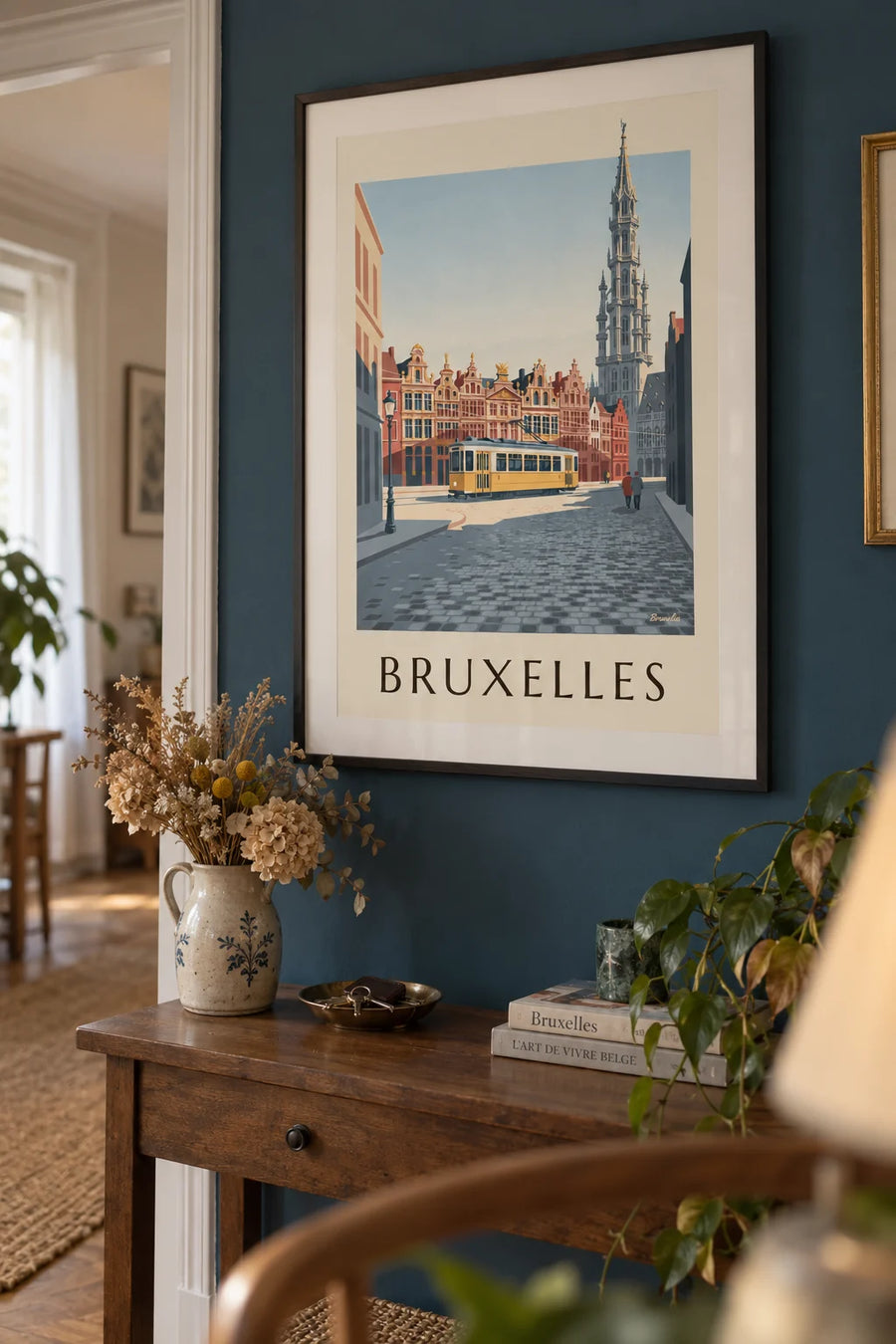 Poster of a yellow tram near the Grand-Place in Brussels: framed on the wall