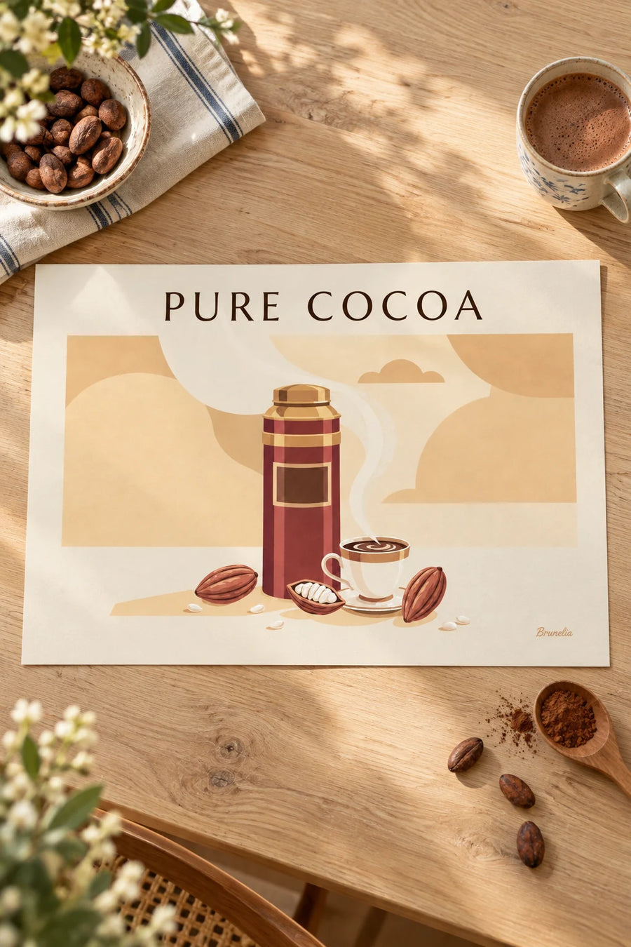 Poster scatola di cacao e tazza di cioccolata calda: appoggiato su un tavolo