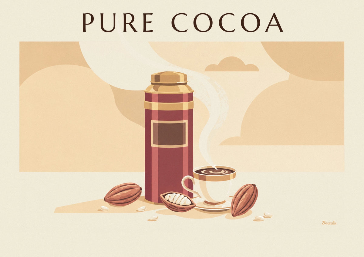 Affiche boîte de cacao et tasse de chocolat chaud