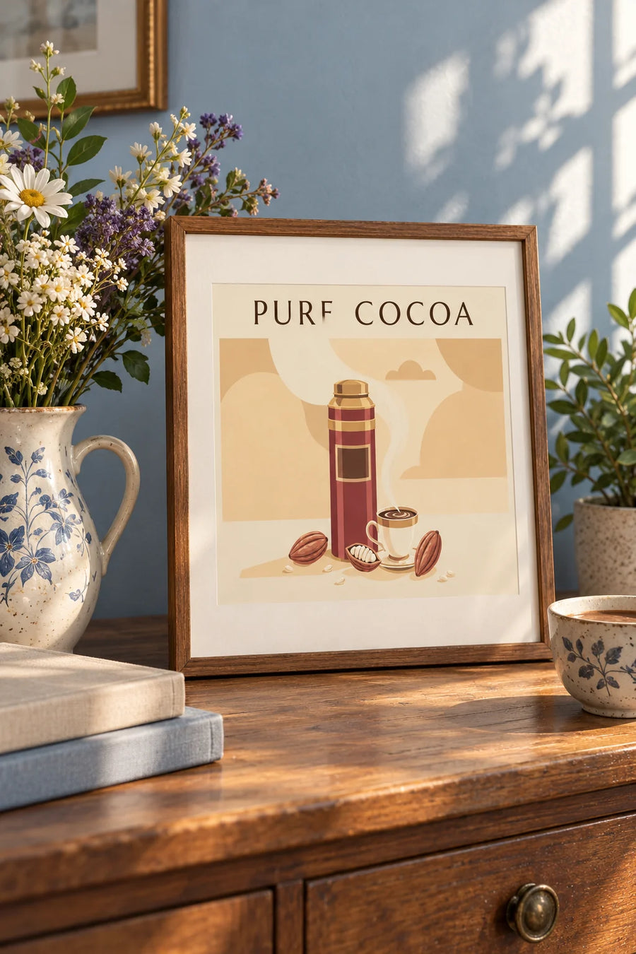 Affiche boîte de cacao et tasse de chocolat chaud : petit format A4 encadré