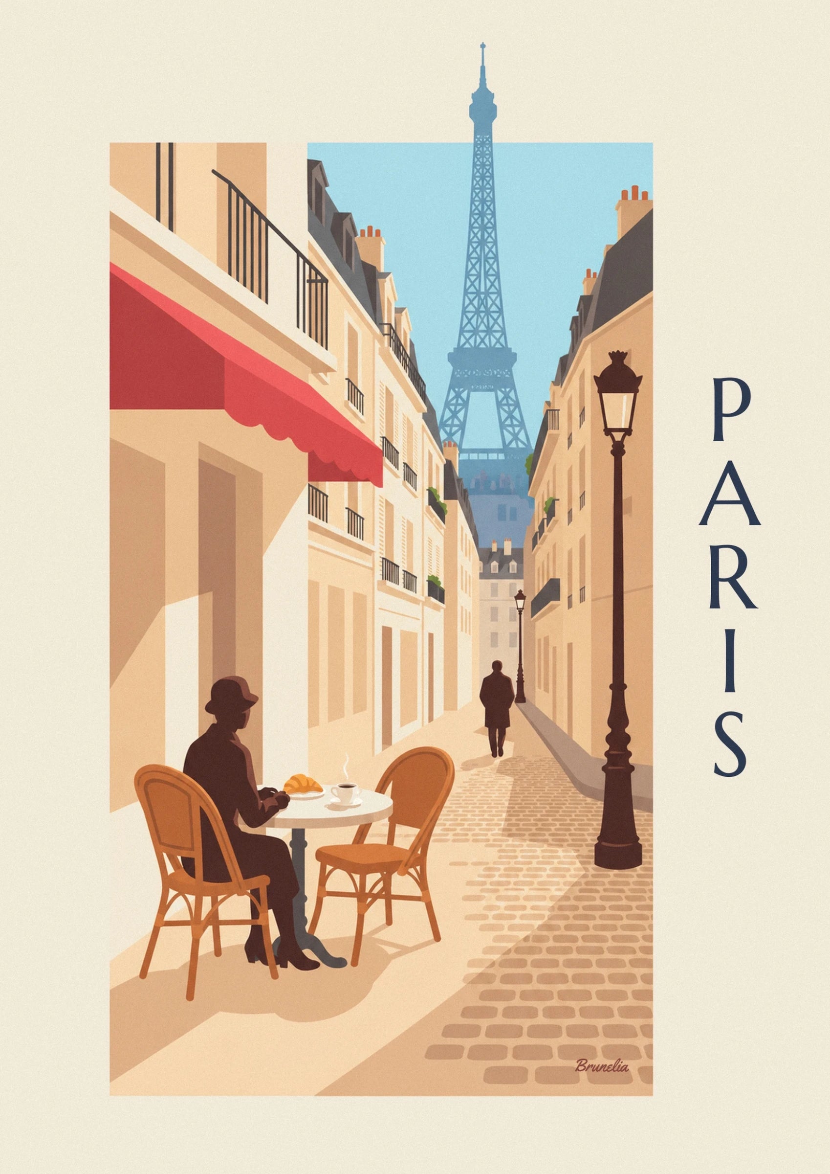Una figura con il cappello, con un caffè fumante e un croissant sulla terrazza