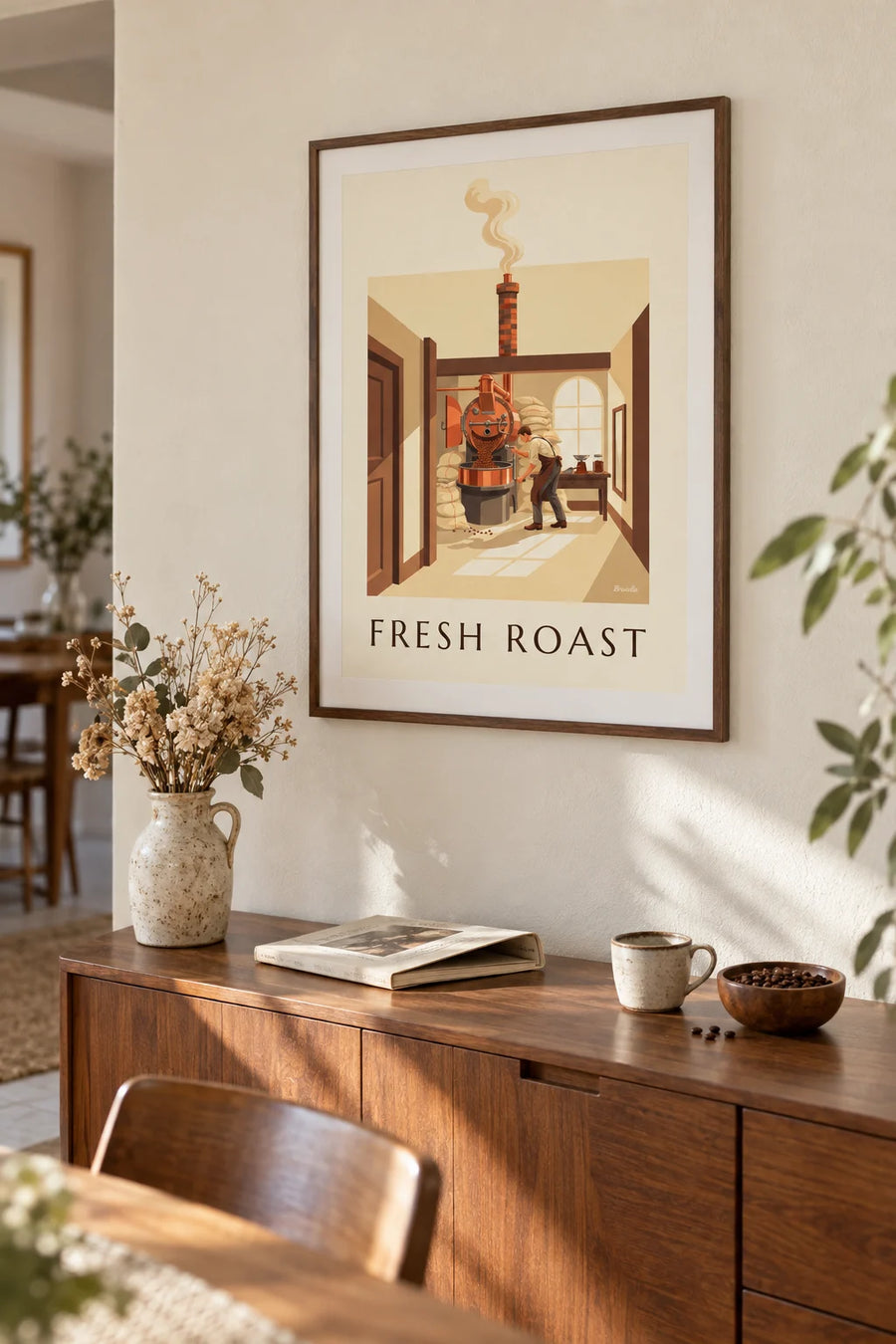 Poster torrefattore e chicchi di caffè appena tostati: incorniciato alla parete