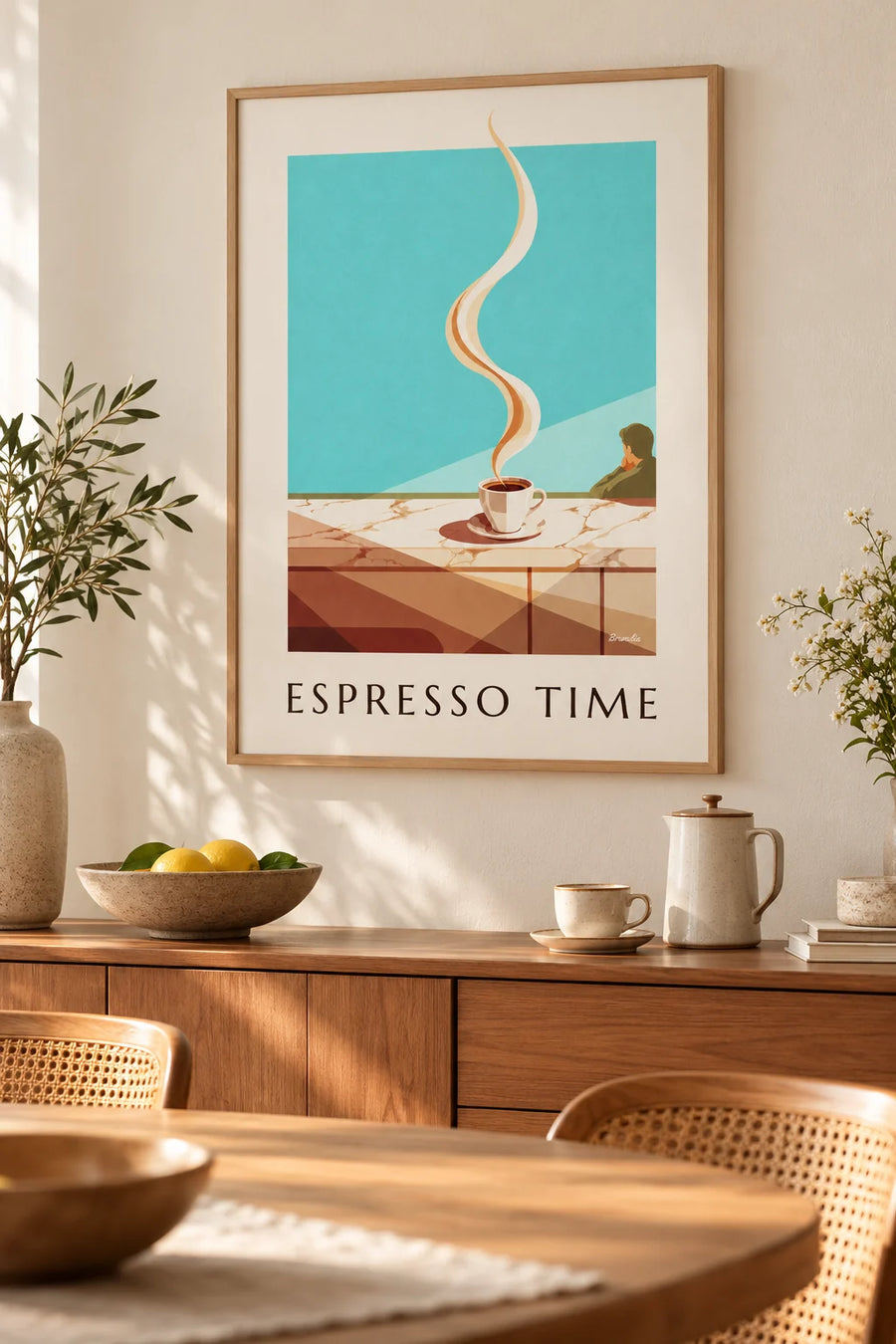 Poster tazzina di espresso fumante su un bancone di marmo: incorniciato alla parete