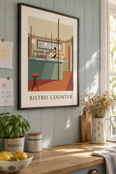 Poster of a zinc bistro counter and a café waiter: framed on the wall