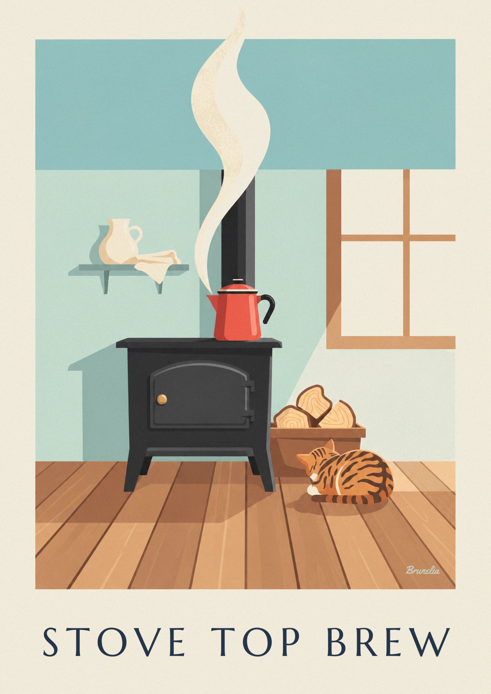The red enamel coffee pot steaming on the black wood-burning stove