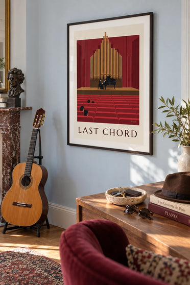 Poster di un pianista e un pianoforte a coda in una sala da concerto: incorniciato al muro