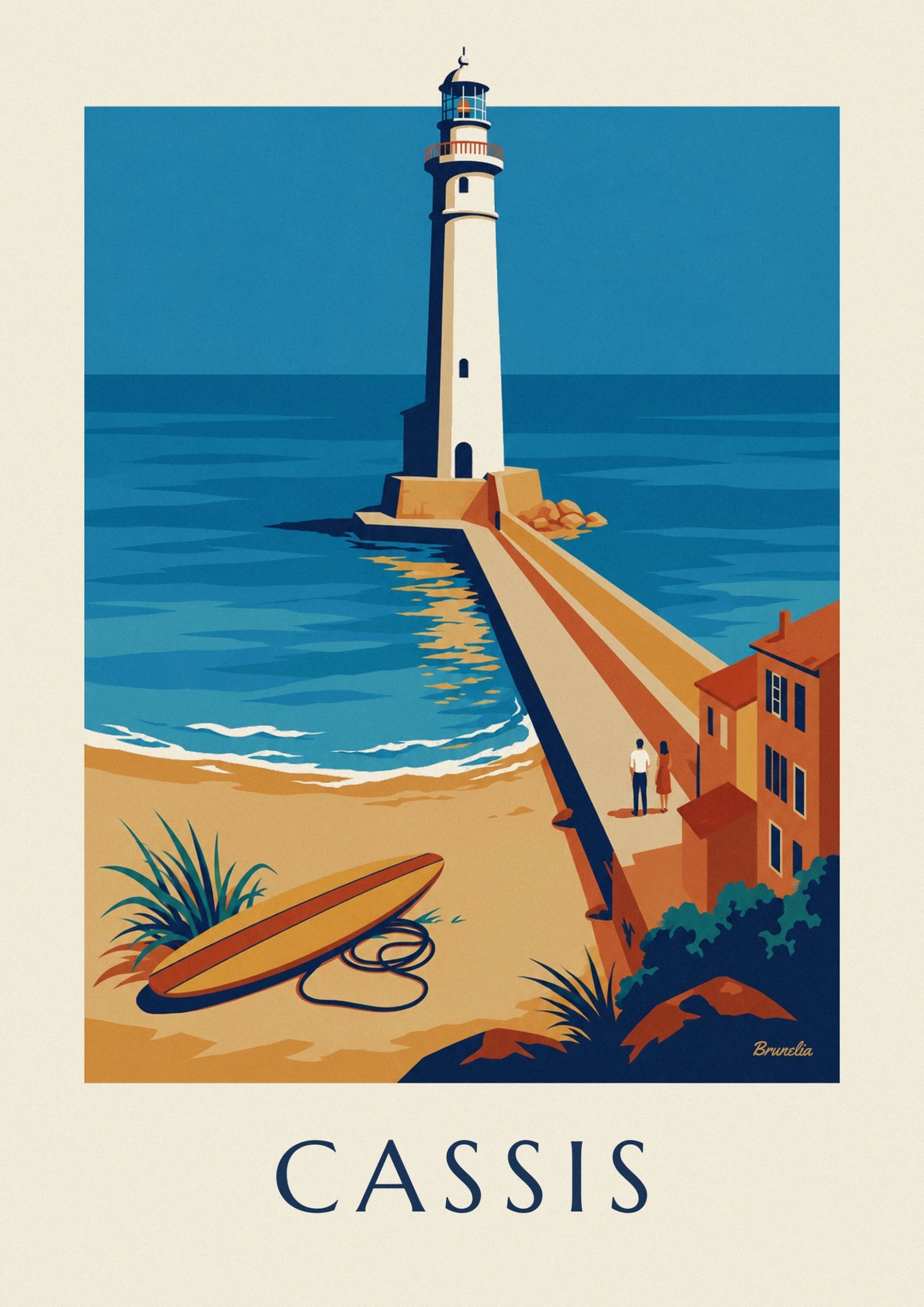 The white lighthouse with a red lantern, standing on its golden stone breakwater facing the blue sea