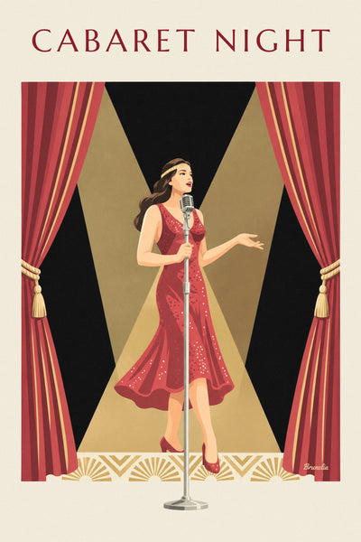 Poster cantante in abito rosso con paillettes sul palco di un cabaret: il poster intero