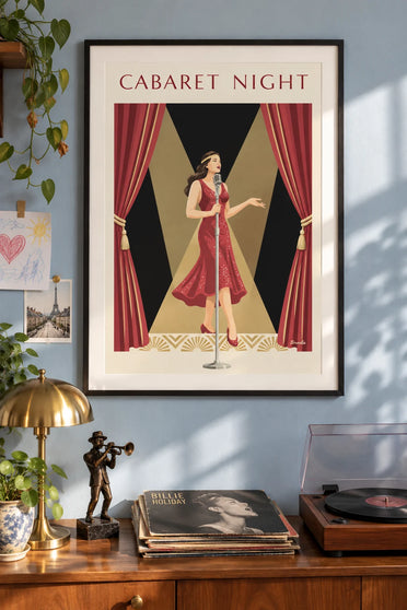 Poster of a singer in a sparkly red dress on a cabaret stage: framed on the wall