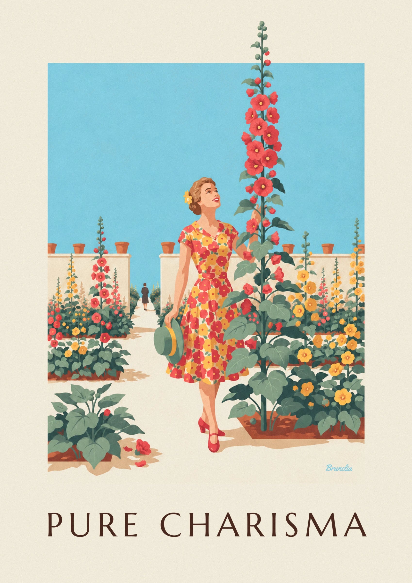 Sunny garden woman in floral dress poster: close-up detail