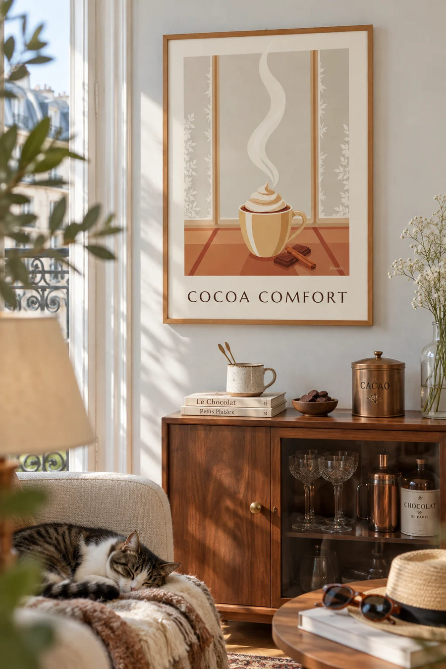 Poster tazza di cioccolata calda fumante vicino a una finestra brinata: incorniciato alla parete