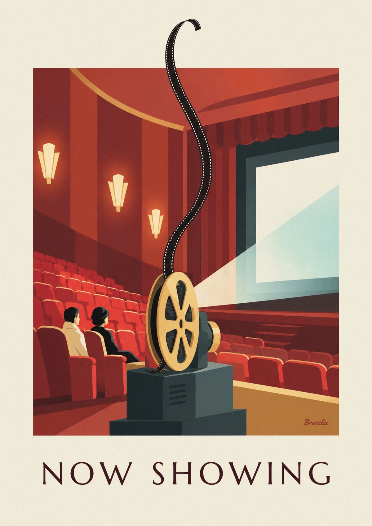 Affiche bobine de film et projecteur dans une salle de cinéma