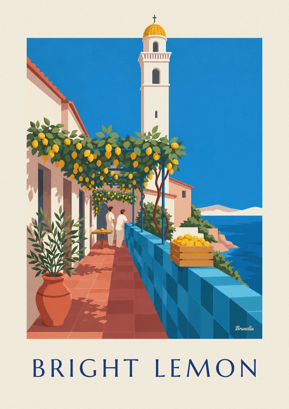 Lemon pergola and yellow-domed bell tower seaside poster