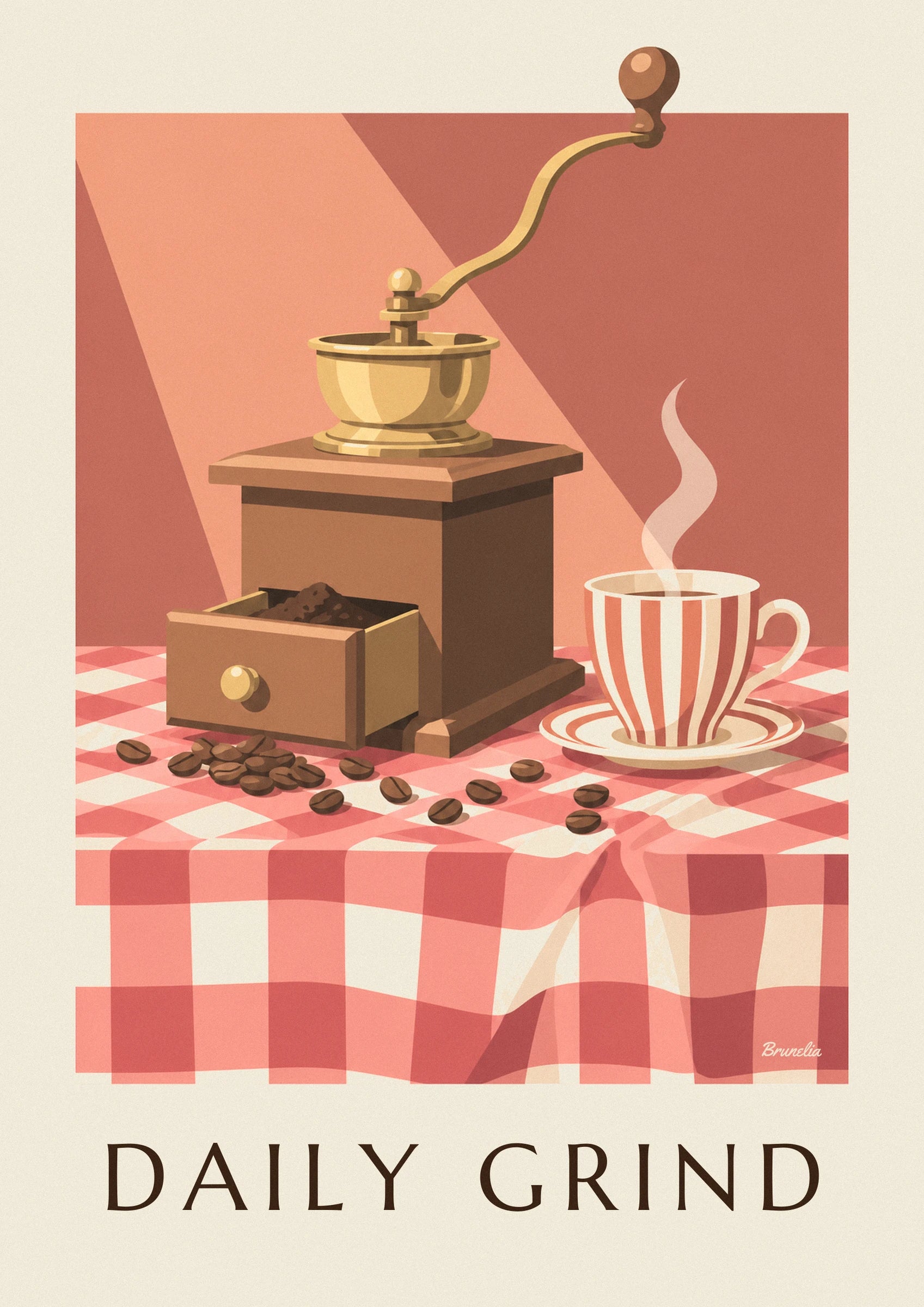 Il macinacaffè in legno, la sua ciotola in ottone dorato e il cassettino aperto pieno di caffè macinato