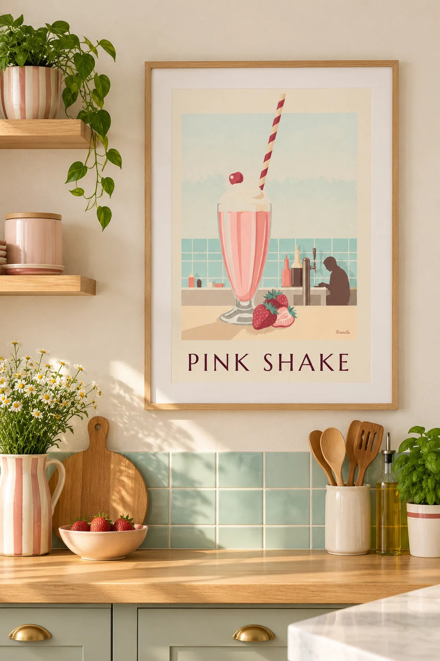 Poster milkshake alla fragola al bancone di un diner: incorniciato alla parete