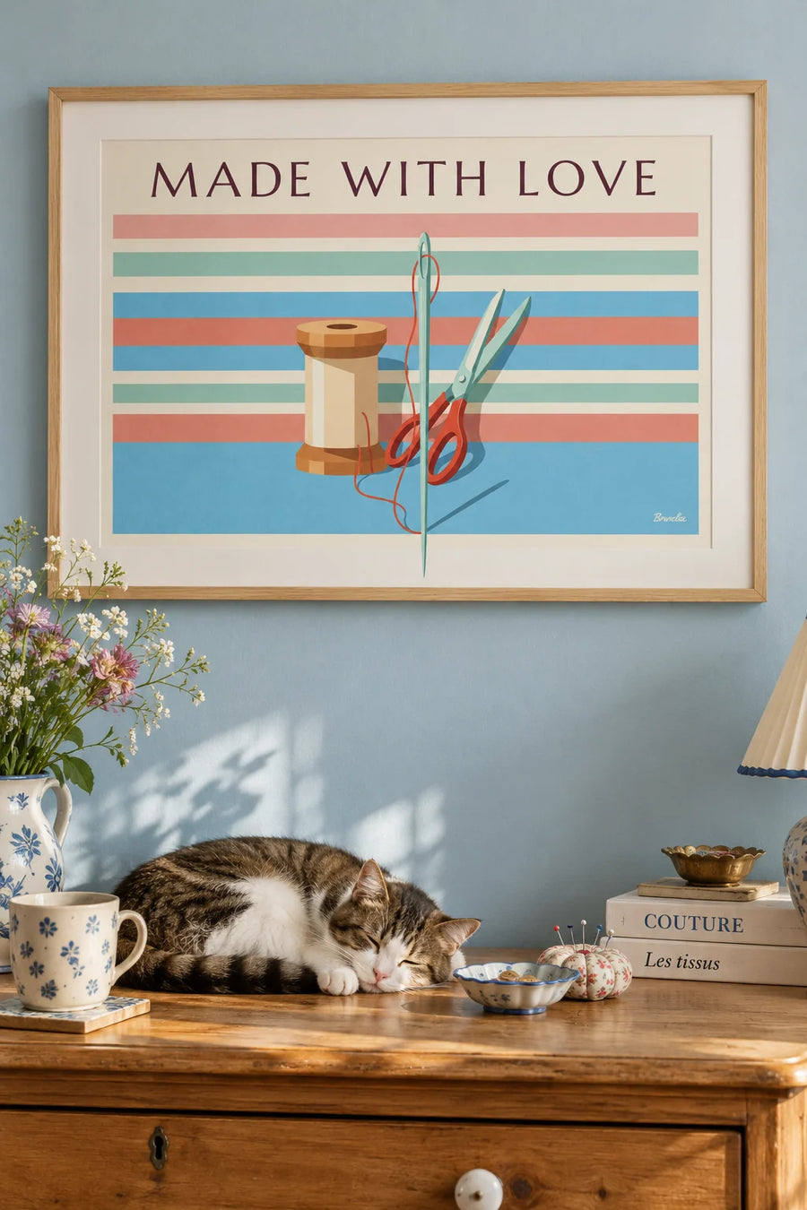 Poster con cucito fatto a mano, rocchetto di filo, forbici e ago: con cornice alla parete