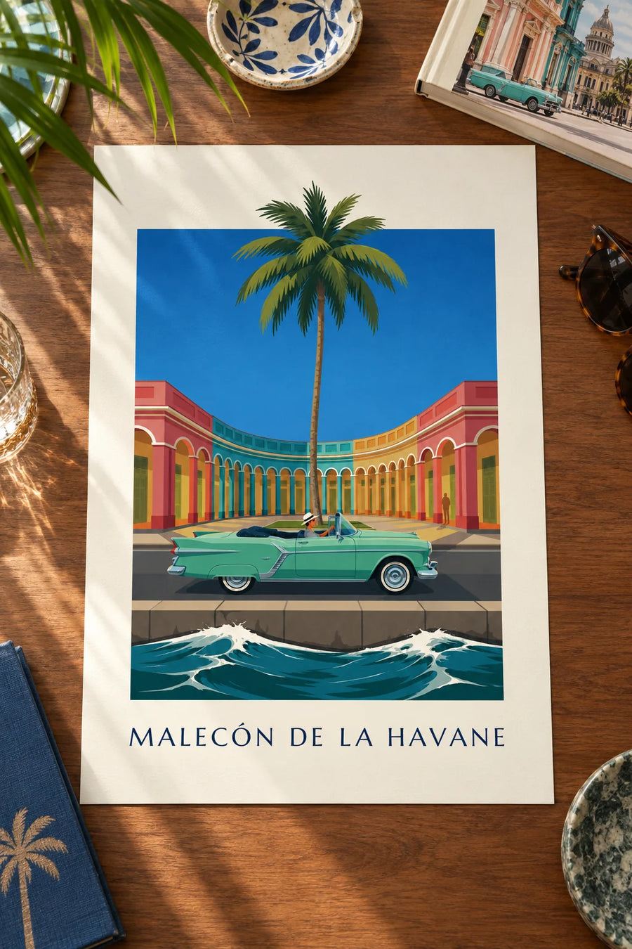 Poster of a mint green convertible on the Malecón in Havana: placed on a table