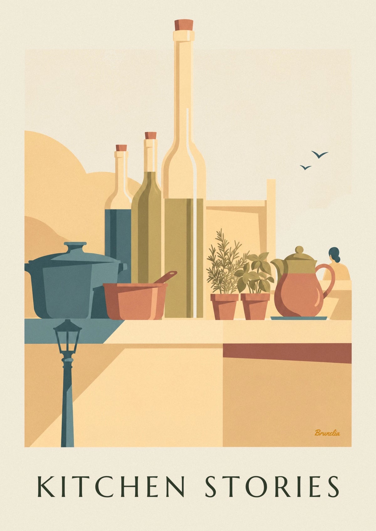 Saucepans, painted teapots and kitchen bottles poster