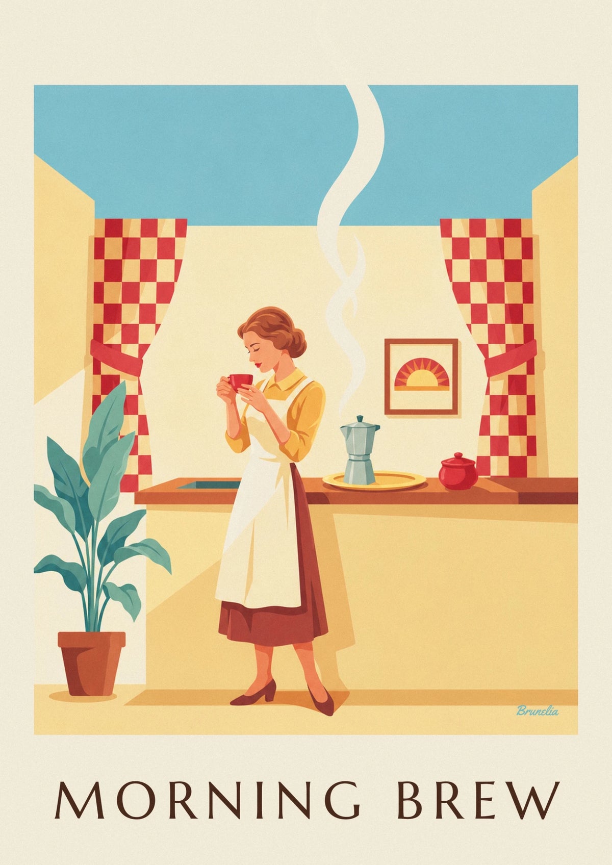 Affiche femme buvant son café dans une cuisine lumineuse