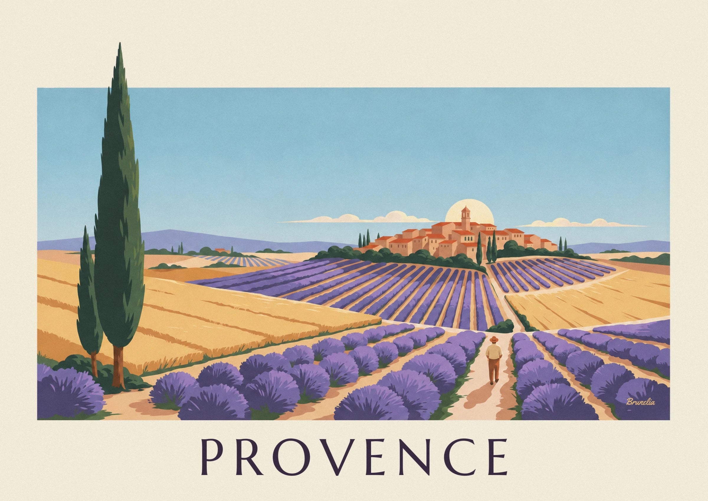 Il villaggio provenzale con i tetti arancioni, il suo campanile e le file di lavanda