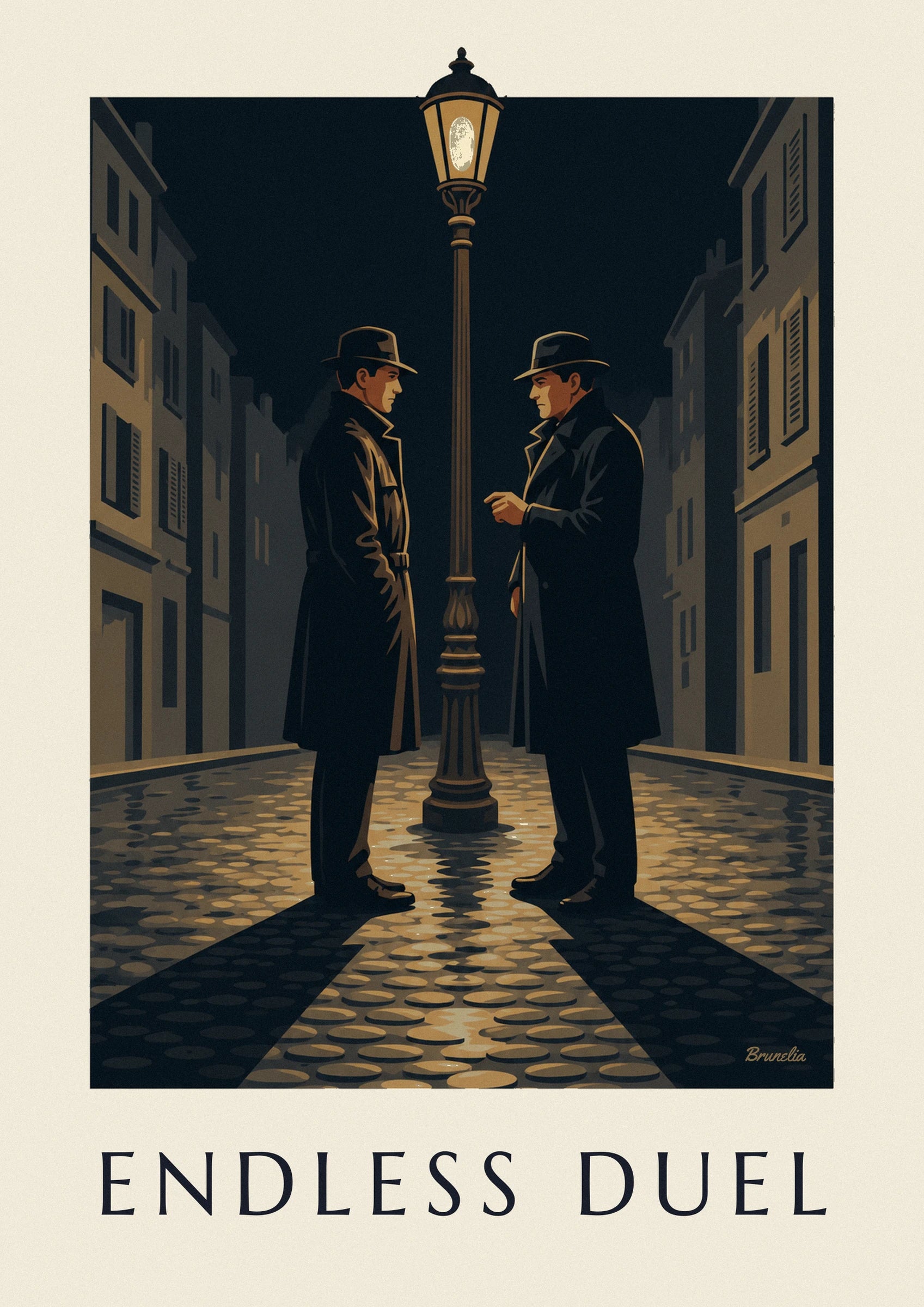 Film noir duel under a streetlamp on a rainy night poster: close-up detail