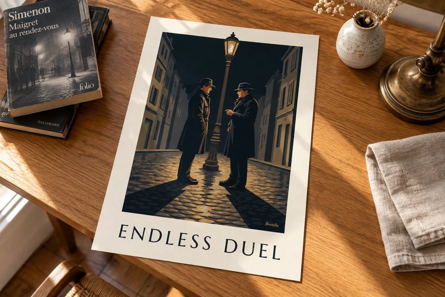 Affiche duel de film noir sous un réverbère, nuit de pluie : posée sur une table