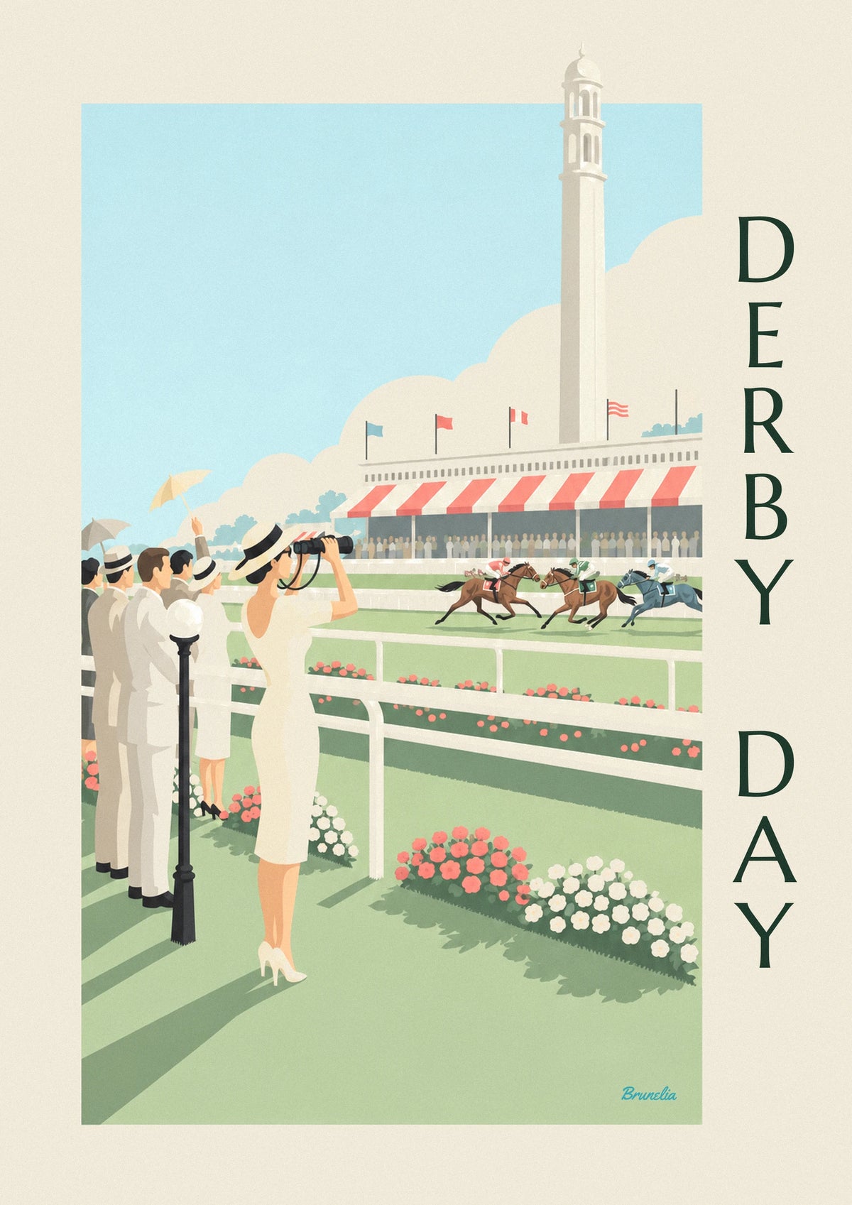 Affiche femme au grand chapeau sur un champ de courses
