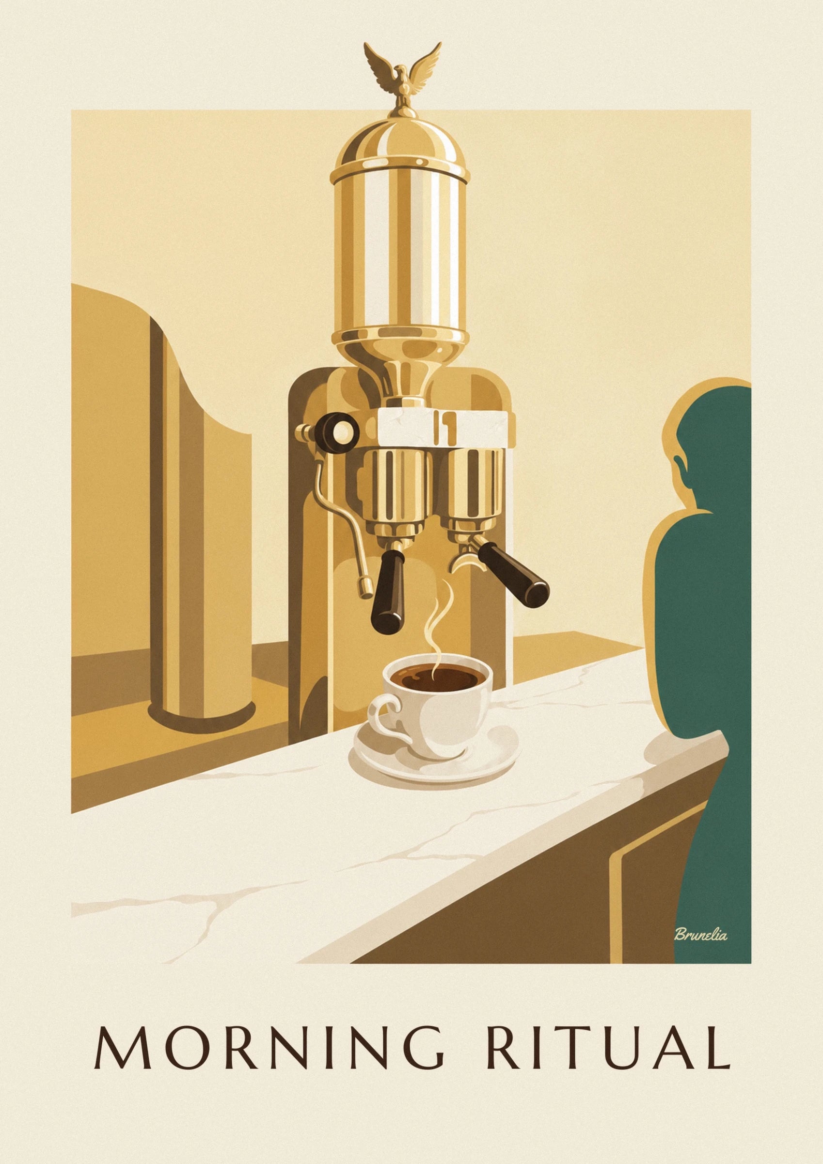 Une tasse blanche d’espresso fumant sur sa soucoupe, au bord du comptoir crème